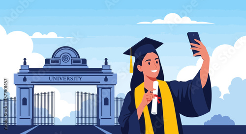 Young Graduate Taking Selfie in Front Of University Building With Blue Sky
