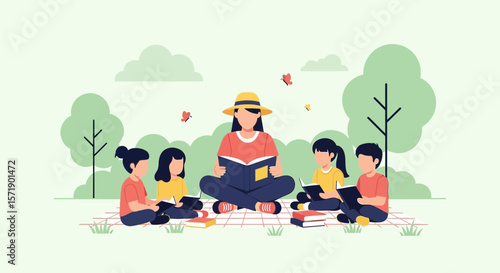 Teacher Reading Book With Children Outdoors In Park At Summer Time