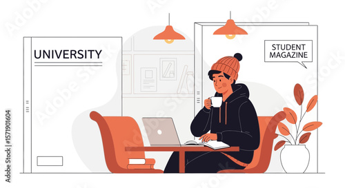 Relaxed Student Studying In A Cafe With Laptop And Enjoying Hot Drink