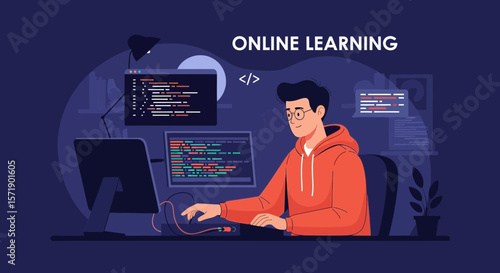 Young Man Coding From Home With Multiple Monitors For Online Education
