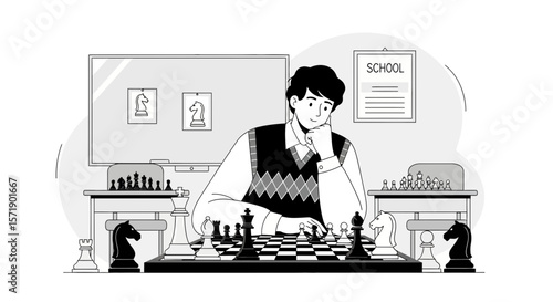 Young Man Concentrating And Playing Chess In School Tournament Game Competition