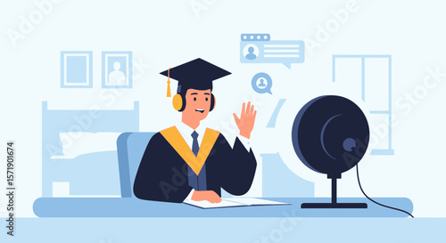 Online Graduation Ceremony With Man In Academic Dress Receiving Degree Remotely