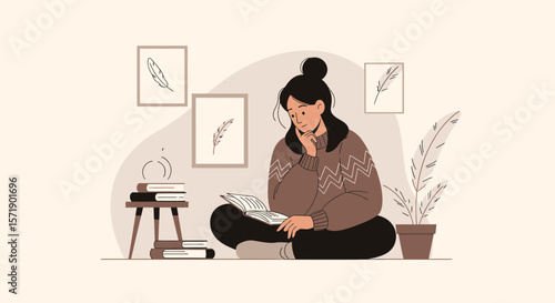 Relaxed Woman Reading Book In Cozy Room At Home In Autumn Season