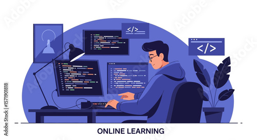 Young Man Learning Code Online From Home Developer Typing On Multiple Screens