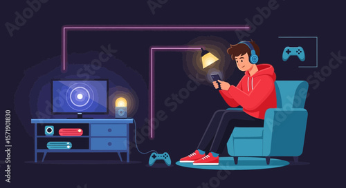 Relaxing Evening At Home With Gadgets And Modern Technology Concept Design
