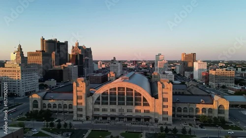 Aerial shot capturing the Columbus, Ohio skyline during the golden hour sunset light