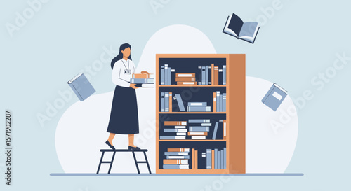 Librarian Arranging Books On Bookshelves In Library Or Store Isolated Artwork