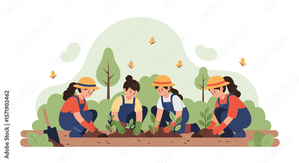 Fototapeta premium Teamwork And Gardening Girls Planting Seedlings In The Field With Butterflies