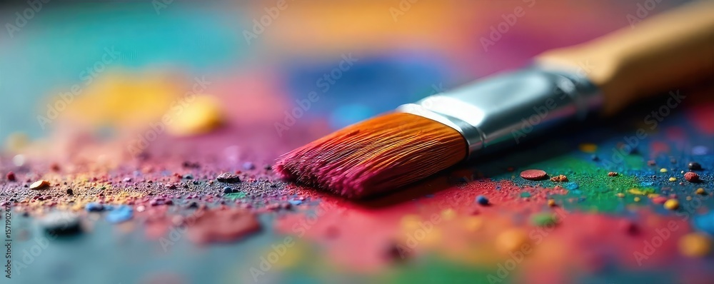 Obraz premium A close-up shot of a paintbrush resting on a vibrant, colorful palette, ready for artistic creation The bristles are slightly splayed, suggesting recent use , craft, details, acrylic paint