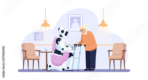 Robot Assistant Helping Senior Woman with Walker at Home Illustration