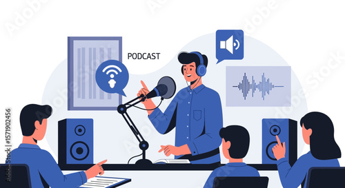 Live Podcast Recording With Audience, Audio Waveform Graphic Studio Setup