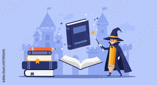 Magical World Of Knowledge With Pencil Wizard And Fantasy Castle Background