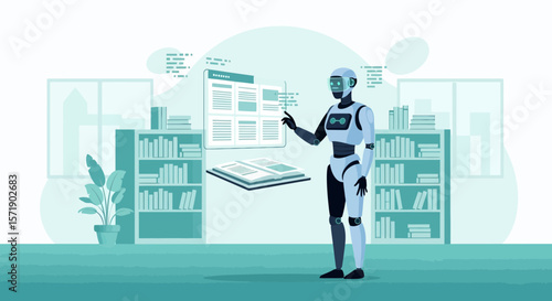 Robot Reading Books In Digital Library Surrounded By Bookshelves And Technology
