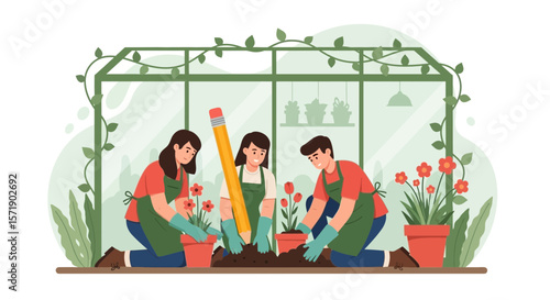 Teamwork In Greenhouse Growing Plants And Sketching Ideas Together Illustration