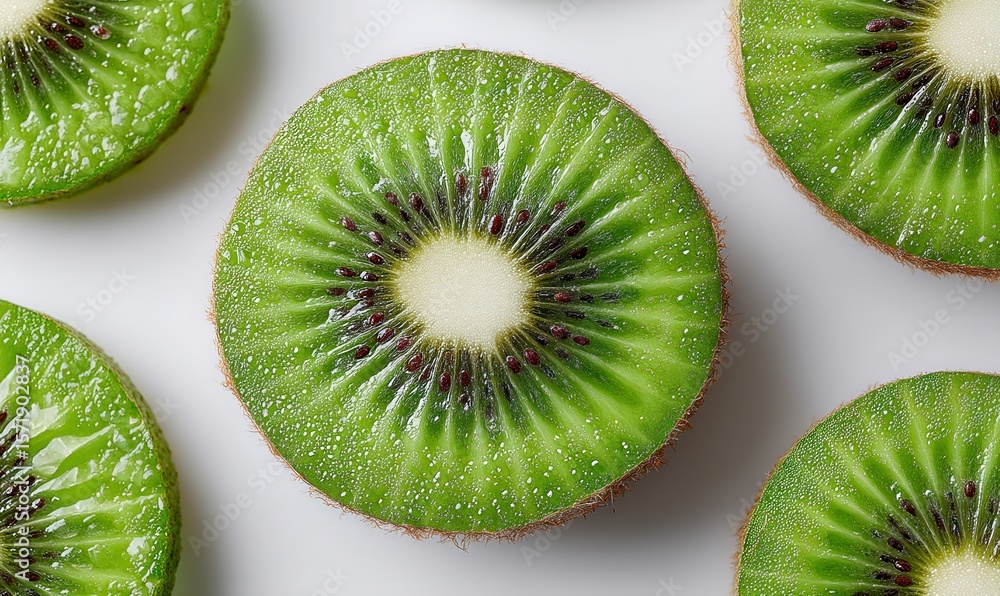 Fototapeta premium Green kiwi slices lie flat in a clean studio setting with soft, subtle shadows