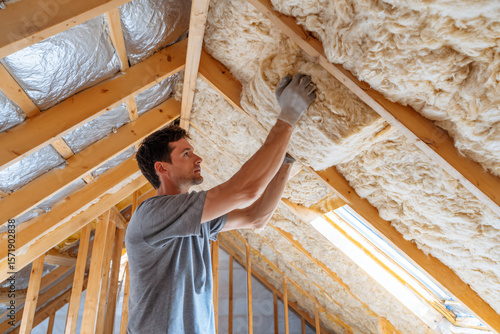 insulation materials being installed between attic roof joists, thermal efficiency home improvement project