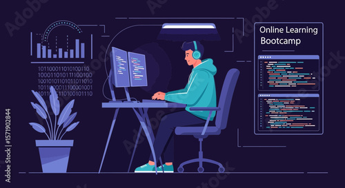 Young Programmer Immersed In Code While Learning Online On Dual Screen Setup