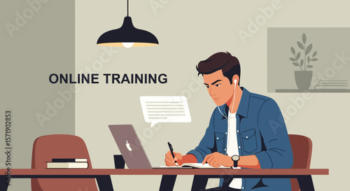 Man Attending Online Course Education Training Using Laptop From Home Illustration