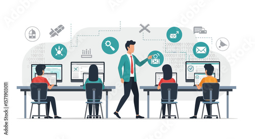 Tech Training In Classroom With Instructor Delivering Online Course Concept