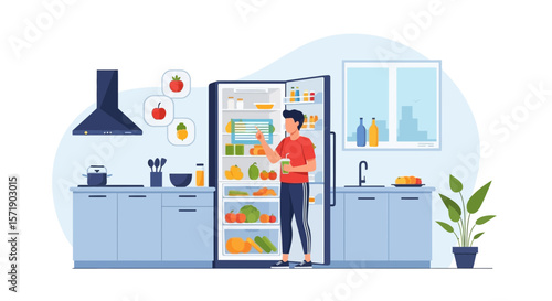 Man Choosing Healthy Food And Drink From Refrigerator At Home In Kitchen