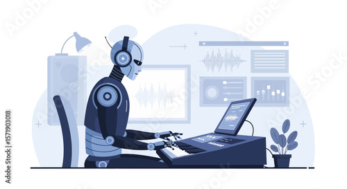 Robotic Musician Composing Digital Tracks In A Modern Sound Studio Setup With Synthesizer