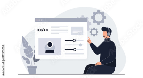 Technical Support Operator Configuring Software With Gears And Coding Interface
