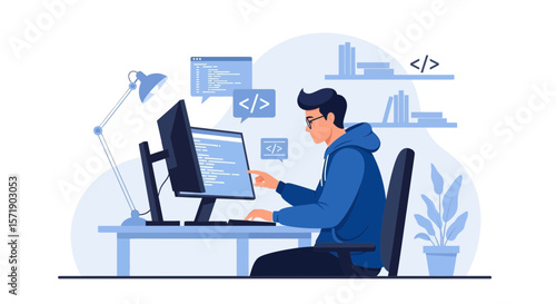 Man Coding On Computer With Multiple Monitors Working From Home Concept