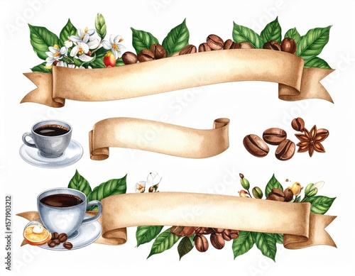 Coffee Watercolor Decorative Banners With Ribbons