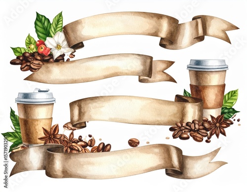 Watercolor Coffee Banners With Ribbons And Cups