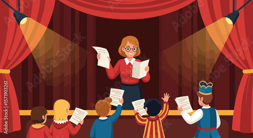 Theatre Director Overseeing Child Actors Rehearsing For Upcoming Play On Stage
