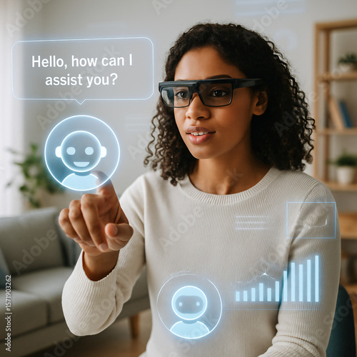 Interactive virtual assistant session with female user in modern living room setting during daylight hours