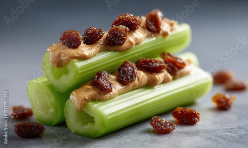 Celery sticks topped with peanut butter and raisins, a healthy treat