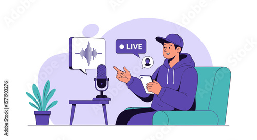 Young Vlogger Broadcasting Live Stream Interview In Home Studio Session