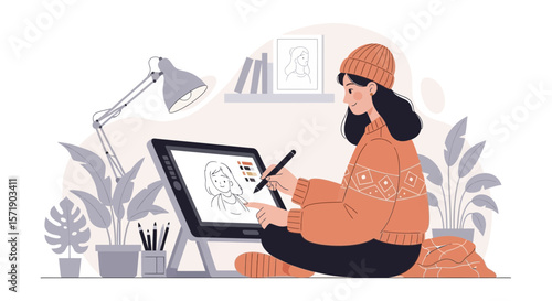Young Woman Artist Creates Digital Art On Tablet At Cozy Home Studio