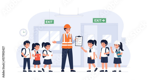 Safety First School Evacuation Drill With Teacher And Students In Uniform