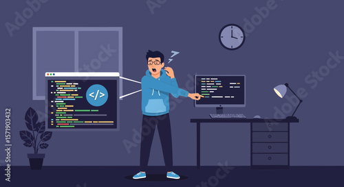 Tired Programmer Working Late Hours on Coding Project From Home Office At Night
