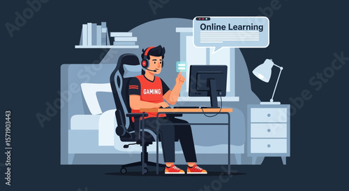 Man Engaged In Online Education From Home Using Computer In Comfortable Environment
