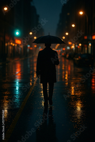 Mysterious figure walks with an umbrella on a rain-soaked city street at night, illuminated by glowing lights