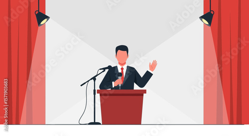 Man Giving Speech On Stage Under Spotlights With Red Curtains And Microphone