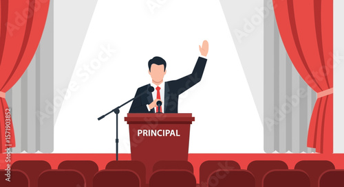 School Principal Delivers Speech On Stage With Raised Hand Illustration