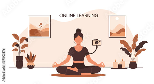Online Yoga And Meditation Class With Camera Set Up In Relaxing Home Atmosphere