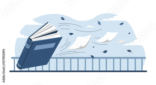 Open Book Blowing In The Wind On Terrace With Flying Pages And Leaves