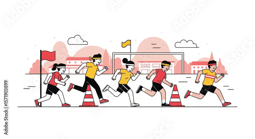 School Sports Day Illustration Race With Students Running Obstacles Course