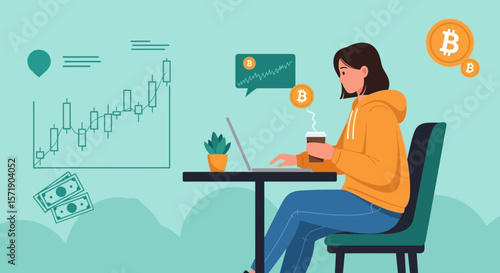 Young Woman Trading Cryptocurrency And Financial Market Analysis From Home