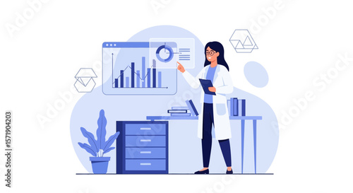 Scientist Analyzing Data Charts In A Laboratory Environment With Plant Accent