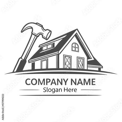 Construction company logo.  A house and a hammer, suggesting home renovation or building services