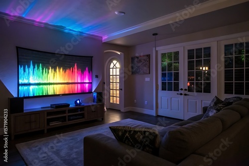 Immersive Home Theater Experience with Vibrant Rainbow Soundwave Display and Ambient Lighting