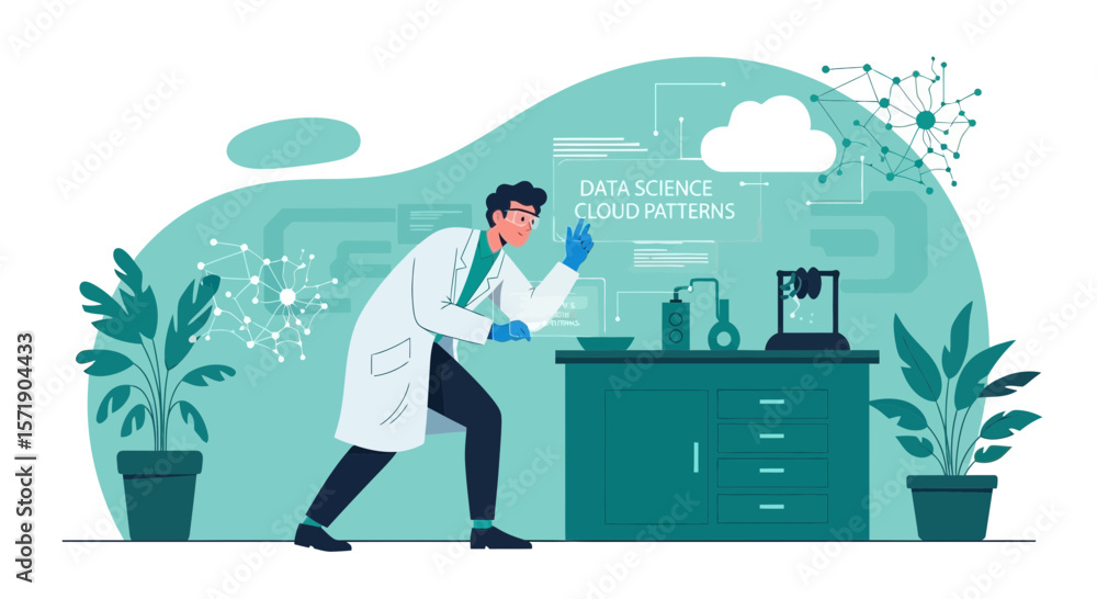 Obraz premium Scientist Examining Cloud Data Patterns in a Futuristic Research Laboratory
