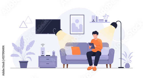 Man Relaxing At Home With Tablet And Smart Home Devices In Living Room