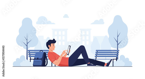 Man Relaxing In The Park Using Tablet For Entertainment And Communication